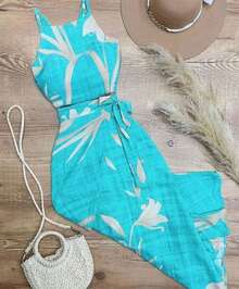 Elegant Women's Wrap Set With Padded Bra, 2 Pieces - Blue With Beige - View 1