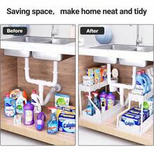 2 niveles Estantería de almacenamiento debajo del fregadero, Estantería de almacenamiento para gabinete de cocina, Canasta deslizante de doble cajón, Cesta de recolección multifuncional para baño, Organizador, Estantería para almacenamiento debajo del mostrador de la cocina con 5 ganchos y 2 cestas colgantes, Regalo decorativo para la cocina - Estante de almacenamiento tipo R - blanco - Ver 2