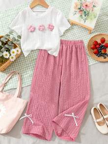 少女3D钩针圆领短袖上衣和蝴蝶结裤套装 - 白色 - 查看 1