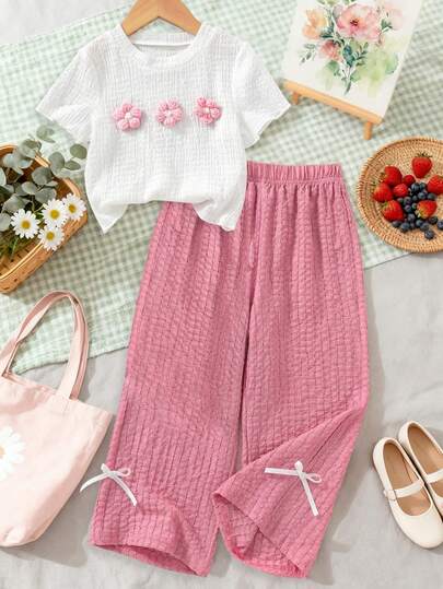 Tween Girl 3D Crochet Crew Neck Short Sleeve Top And Bow Tie Pants Set