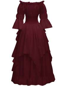Vestido elegante de estilo medieval para mujer con volantes de unicolor, hombros descubiertos, mangas acampanadas y cintura ceñida - Burdeos - Ver 3