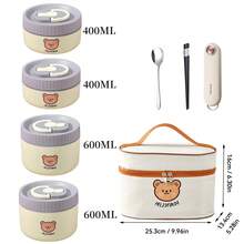 1个400/600毫升可爱小熊图案304不锈钢保温午餐盒，带收纳袋和餐具，便携式密封防漏弯头设计，可放入洗碗机和微波炉，可存放水果沙拉等食物，可重复使用，适合学生和成人居家、学校、办公室、户外露营、野餐、旅行、返校等场合使用。 - 彩色 - 查看 30