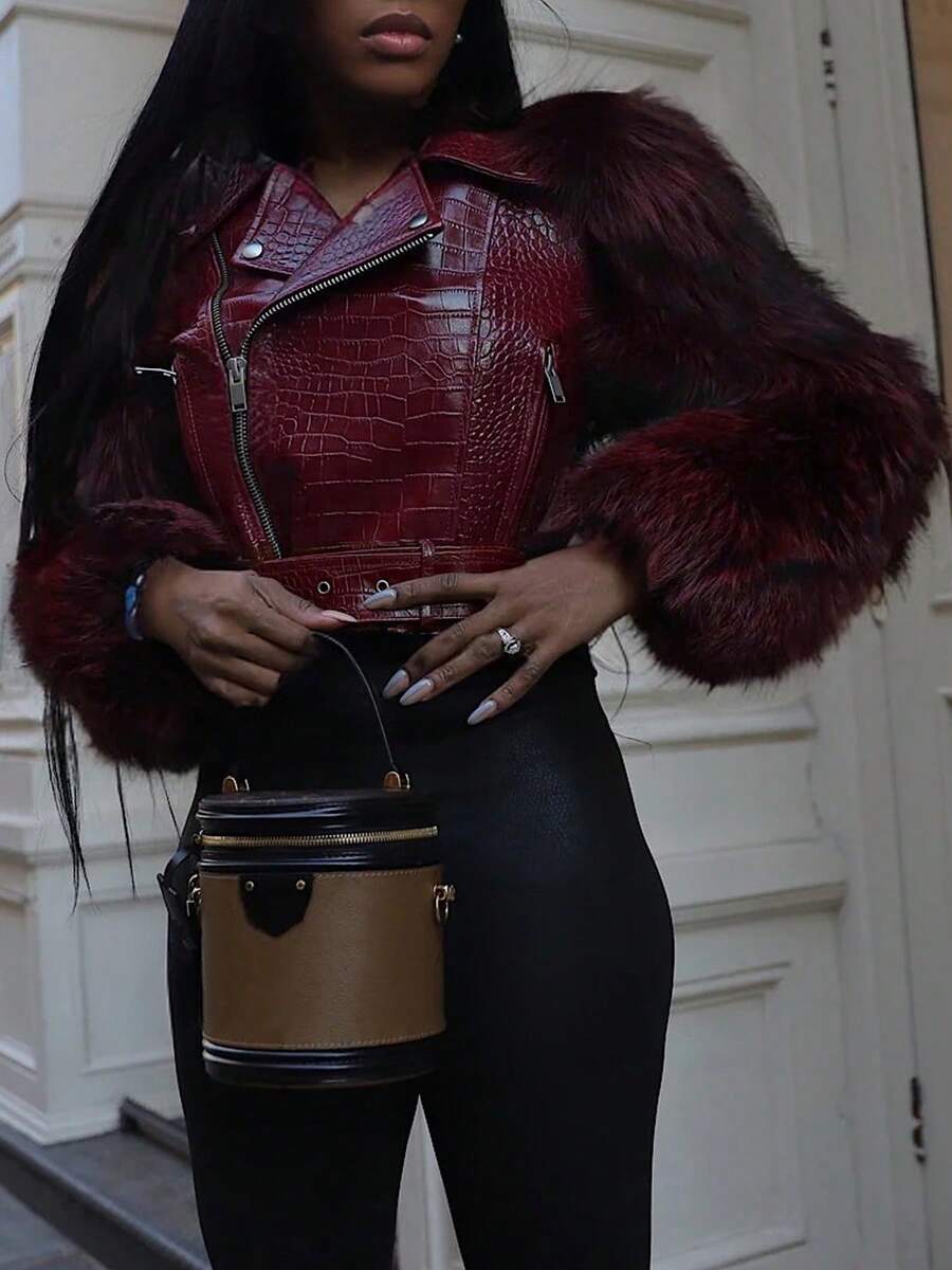 Women's Fashion Faux Fur Crocodile Print Jacket, Collar Design, Waist Belt Detail, Zipper Closure - Burgundy - View 1