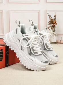 This Fashionable Men's Shoe Features A White And Gray Mesh And Leather Patchwork Design, Paired With A Thick Platform Sole, Making It A Casual And Stylish Low-Top Lace-Up Sneaker. Suitable For Outdoor Hiking, Fitness Activities, Daily Commuting, And Casual Wear. Suitable For Both Men And Women, The Thick Cushioned Sole Provides A Comfortable Wearing Experience, Suitable For All Seasons, And Is An Ideal Gift For New Year And Valentine's Day. - white ash - View 2
