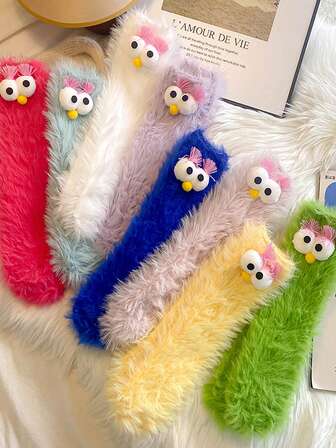 1 Pair/2 Pairs Of Women's Novelty Socks, Crew Socks, Festive Socks, Cartoon Socks, Plush Socks, Gift Socks, Ankle Socks, Big-Eyed Socks, Cute Socks, Thermal Socks, Fancy Socks – Perfect For Everyday Wear, Festive Celebrations And Parties Alike., Cozy Socks