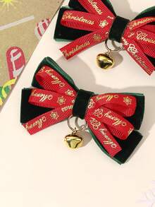 2件組女童聖誕深綠色天鵝絨髮蝴蝶結夾，金色「Merry Christmas」與雪花印花紅緞帶，金色鈴鐺飾品，聖誕派對用 - 彩色 - 查看 9