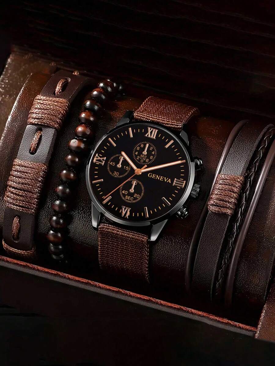 4/1pc Set Affordable Boy's Fashion Minimalist Classic Round Pointer Display Fake Chronograph Decoration Brown Strap Watch, Suitable For Boys, Comes With Luxury Fashion Bracelet Set, Great For Daily Occasions Like Back To School, Parties, And Travels, Ideal Gift For Teen Boys, Birthday, Graduation, Christmas, Gift Set, Boys' Watch - Multicolor - View 1