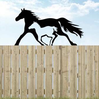 1件装装饰性奔马花园摆件，乡村农舍风格装饰，黑色金属马剪影庭院标牌，户外草坪露台花园装饰，栅栏装饰品