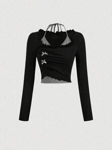 Camiseta 2 en 1 para mujer, top con lazo, top de punto otoñal, top de manga larga, ropa para la vuelta al cole. - Negro - Ver 1