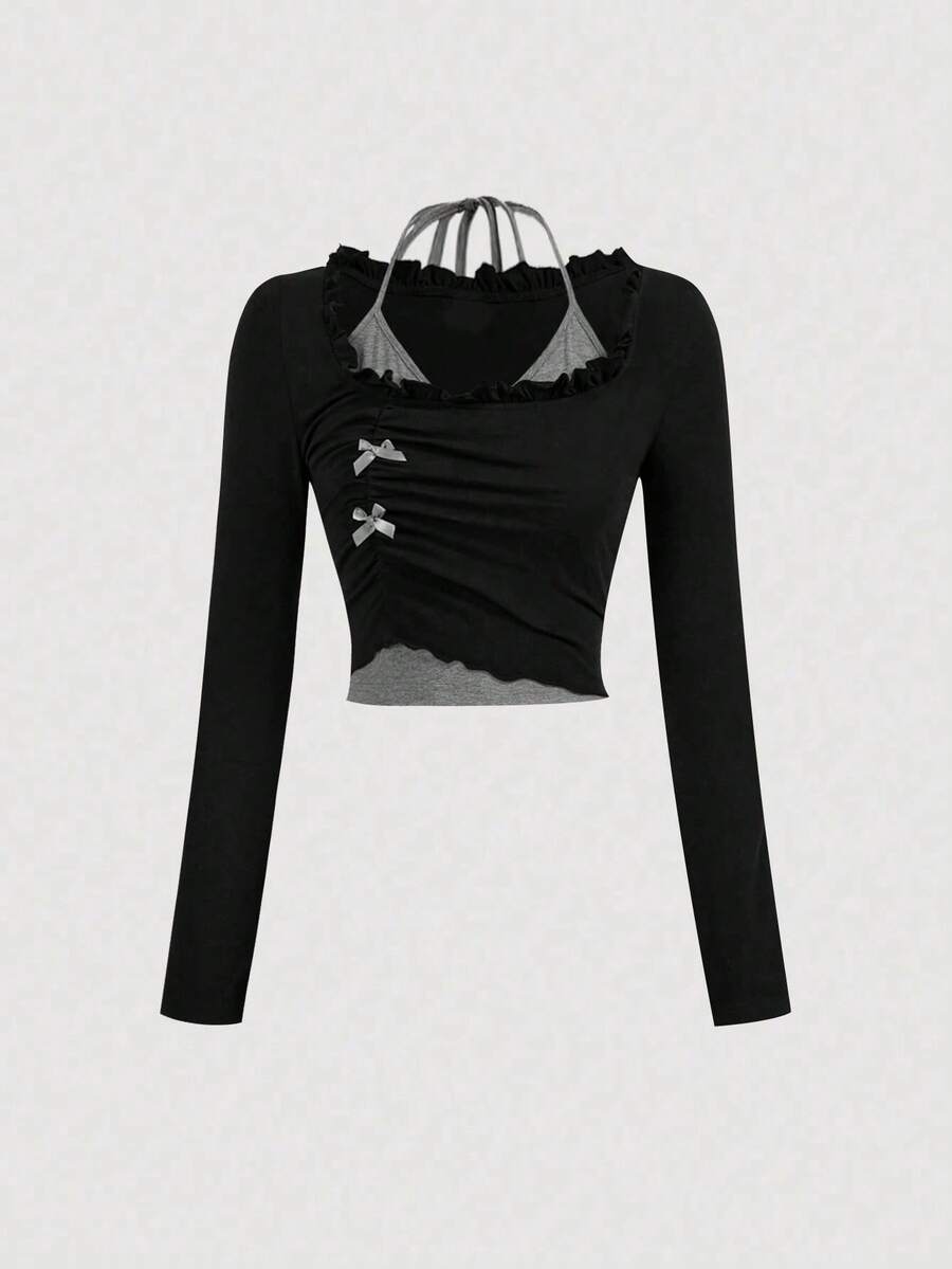 Camiseta 2 en 1 para mujer, top con lazo, top de punto otoñal, top de manga larga, ropa para la vuelta al cole. - Negro - Ver 1