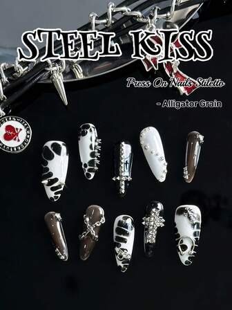 Diseño original, hecho a mano, 10 piezas de uñas postizas de estilo punk, uñas falsas de forma de almendra largas, uñas negras, estilo degradado, la perfecta fusión de la textura de cocodrilo te convierte en una chica punk única. Con elementos de remaches de metal pesado y patrones de cruz diseñados con ingenio, es como llevar dos armaduras en tus manos. Perfecto para que las mujeres y las niñas lo usen en festivales y fiestas diarias, estilo rock emocional, realza el encanto de tu estilo. Uñas postizas, empaque de caja de regalo, ideal para regalos de San Valentín y regalos para amigos.
