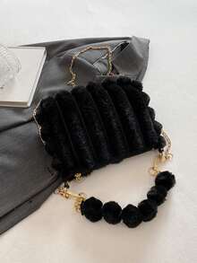 新款女士INS风小方包斜挎包，时尚链条毛绒包，秋冬韩版小方包 - 黑色 - 查看 6