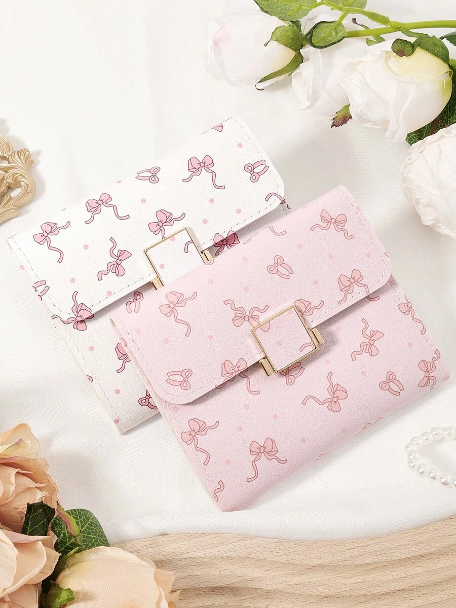 Bow Wallet,Women's Multifunctional Folding Wallet, Fashionable Tower Buckle Coin Wallet, High-Quality Credit Card Storage Bag, Simple And Casual Multi Slot, School Dormitory And Back To School Supplies Bag