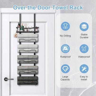 LIPETY Black Nickel Modern Metal Over-The-Door Towel Rack | Vertical Storage Organizer With Shelves For Toiletries And Decorative Goods - No Drilling Required For RVs, Camping, And Small Bathrooms