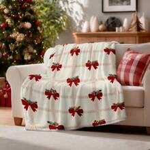 1pc Christmas Theme Flannel Blanket, Soft Plush Flannel Throw Blanket With Bow Decor, Comfortable For Sofa, Bed, Leisure, Ideal Gift For Adults And Wife - Multicolor - View 2