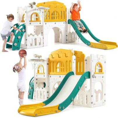 Resbaladilla 8 en 1 para Niños Pequeños, Playground Interior y Exterior con Tobogán, Aro de Basketball, Escalador, Túnel para Gatear, Telescopio y Compartimento para Juguetes, Ideal para Niños 1-3 Años – Toddler Playset