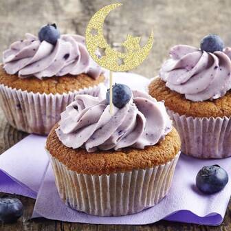 5个开斋节快乐纸杯蛋糕装饰插牌，新月星图案各异，伊斯兰斋月开斋节派对蛋糕装饰（款式随机发送）