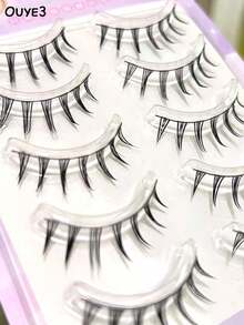 5对透明锥形加厚山茶花动漫风格假睫毛，柔软自然浓密，尖头猫眼造型，日常妆容清新睫毛 - 黑色 - 查看 3