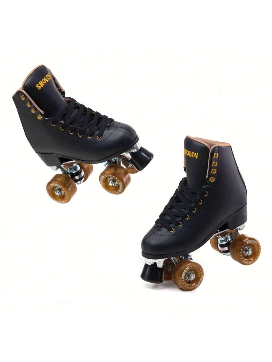 1 par de patines de ruedas de estilo deportivo retro con ruedas de PU resistentes al desgaste y amortiguación, protección de impacto de grado A, patines de ruedas dobles de cuero de PVC negro para exteriores