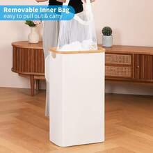 带盖洗衣篮，窄型洗衣篮，带可拆卸袋，纤细脏衣篮，带竹制提手，适用于浴室、卧室和洗衣房 - 白色 - 查看 7