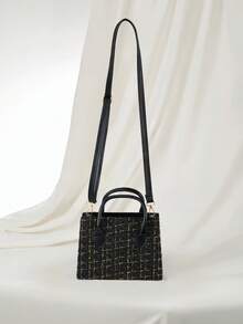 Clariva 时尚简约休闲格子图案双提手方形包，适合女孩、少女作为圣诞礼物 - 黑色 - 查看 4