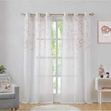 Floral Print Metallic Sheer Window Curtain Panel Rustic Living Room/Bedroom Decor 6 Grommets Top Drape Panels, Coral Red,40 X 84, 2 PK, Sparkling Farmhouse Style - 珊瑚紅 - 查看 3