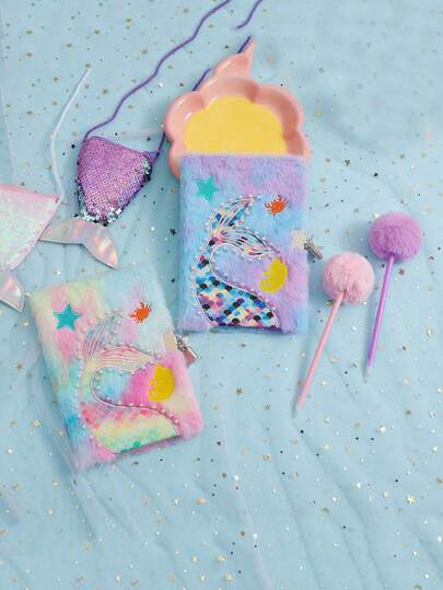 1 PC Cartoon Fish Tail Plush Notebook Children's Diary Hairball Pen Bag Gift Set Gift