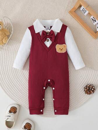 Newborn Gentleman Style Patchwork Lapel Jumpsuit, 0-18 Months, Infant Holiday Party Outfit