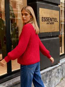 Red Crew Neck Button Front Knit Cardigan For Women, Long Sleeve Casual Everyday Sweater Jacket - Red - View 5