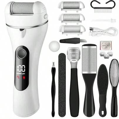 Portable Electric Foot File That Is Rechargeable, Includes A Foot Grinding Kit, And Is Powered By USB. Perfect For Use At Home, While Traveling, In Salons, Or At Spas.