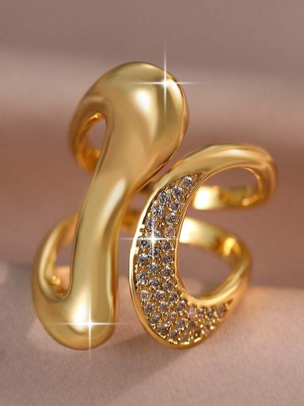 1 pieza Anillo de circonita cúbica con líneas asimétricas de moda, anillo geométrico metálico ajustable y exagerado, adecuado para eventos de moda, fiestas, accesorios de ropa de viaje, regalo de Navidad