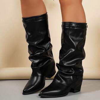 Wide Fit Women's Pointed Toe Comfortable Boots, Wide Shaft Straight Tube Versatile, One-Piece Buckle Fashionable, Thick Heel Pants Boots, Spring/Autumn