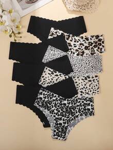 8pcs/Pack - Solid Color & Leopard Print Wavy Trim Design Sexy Seamless Smooth Breathable Women's Panties - Multicolor - View 3