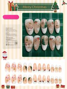 24片装中号杏仁形圣诞美甲贴片，圣诞树和雪人图案，金色星星设计，亮面全覆盖，适合女性和女孩，Y2K风格，圣诞派对约会美甲 - 彩色 - 查看 2