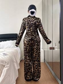 2pcs Women Leopard Print Long Sleeve Collar Pocket Shirt And Pants Pajama Set, Ladies Sleepwear Loungewear For All Seasons - Brown - View 2