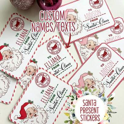 12/24/48 Personalized Christmas Stickers, Pink Santa Claus Name Labels, Happy Holiday Labels, Kids Gift Labels Stickers, Easy Peel Stickers, Gift Wrapping Labels, Christmas Sticker Set, Christmas Greetings, Snack Packaging Stickers (Customizable Text), Holiday Decorations, Personalized Holiday Gift Labels For Boys & Girls, Holiday Envelope Stickers, Cute Christmas Decor & Kids Party Favors, Holiday Calendar