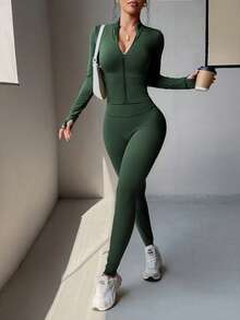 Aoqta Sports 女款休閒兩件套，長袖拉鍊立領上衣與高腰收腹運動褲，適用於瑜伽、跑步、日常穿著 - 深綠色 - 查看 6