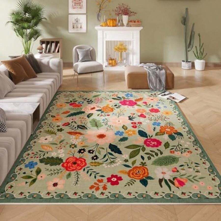 Rugcomf - Alfombra para sala de estar, 6 x 9 pulgadas, lavable a máquina, estilo bohemio, antideslizante, floral, clásico, de pelo bajo, alfombra grande para sala de estar, recámara, granja, comedor,(5'x7' Verde) - Tipo 5 - Ver 1