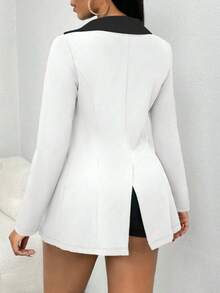 1pc Women's Casual Commuter Contrast Color Lapel Button Faux Pocket Cardigan Jacket White Spring - White - View 5