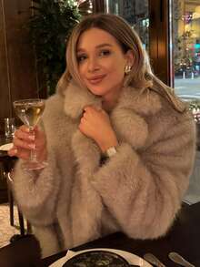 HH Women Winter Elegant Solid Faux Fur Effect Long Sleeve Cardigan Coat Female Casual High Street Pockets Coat