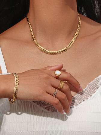 Set de 2 collares y pulseras de cadena plana y ancha de acero inoxidable color dorado, regalo sencillo para Pascua, Día del Padre, joyería unisex para las cuatro estaciones