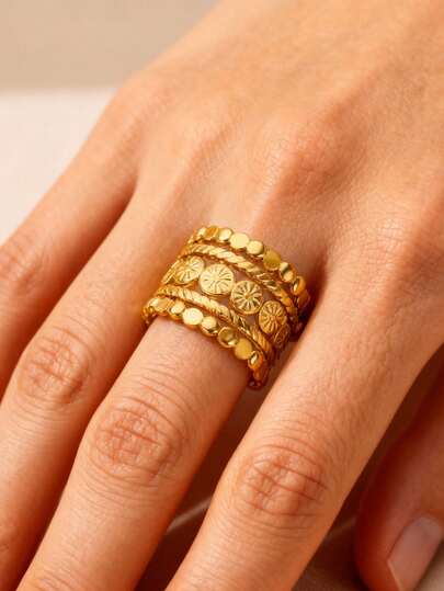 1 件奢华朋克多层太阳戒指女士不锈钢金色情侣戒指 2025 新款时尚婚礼珠宝礼物