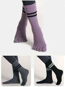 Contrast Stripe Mid-Calf Socks, Five Toe Sports Socks - Multicolor - View 3