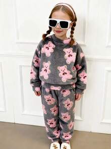 2件套小女孩熊毛绒长袖上衣和裤子套装，秋冬