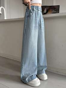 少女松紧腰宽松直筒休闲百搭蝴蝶刺绣牛仔裤 - 藍色 - 查看 4