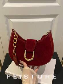 1 Túi đeo vai vải da lộn màu đỏ tía dành cho nữ, Túi đeo vai khóa kim loại thời trang, Thích hợp cho các buổi đi chơi hàng ngày, hẹn hò, đi làm - Màu Đỏ Sâu - Xem 10