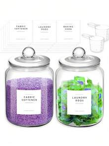 半加仑玻璃洗衣收纳罐,用于洗衣房整理的玻璃罐,带竹盖和标签的玻璃罐,用于洗衣房整理和收纳的玻璃容器,半加仑密封玻璃罐架,用于存放洗衣液、洗衣凝珠、香氛珠,洗衣液收纳架,用于整理洗衣液的容器,用于存放洗衣液的容器,洗衣液容器,洗衣罐,用于存放洗衣液的玻璃罐 - 彩色 - 查看 10