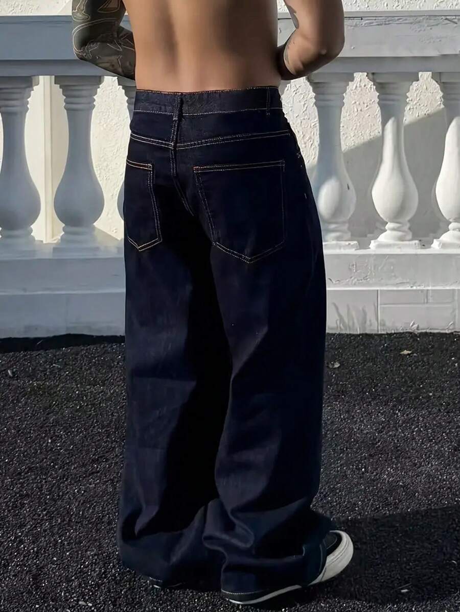 Teenage Boys' Blue Washed Baggy Jeans, Retro Wide Leg Straight Fit, European & American Street Style - Dark Wash - View 1