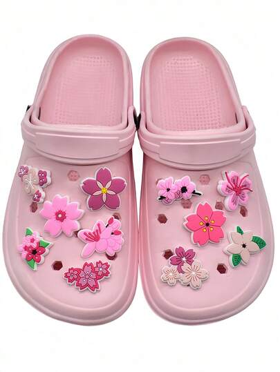 18pcs/Set Pink Peach Blossom & Cherry Blossom PVC DIY Shoe Charms, Suitable For Clogs, Beach Sandals, Flip Flops