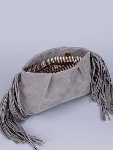 灰色麂皮流苏手拿包，小众设计，多功能晚宴包，个性时尚通勤包，休闲别致灰色包包，简约纯色钱包，女士钱包，婚礼配饰，圣诞礼物，适合派对、晚宴、婚礼、约会、购物等各种场合。 - 灰色 - 查看 4